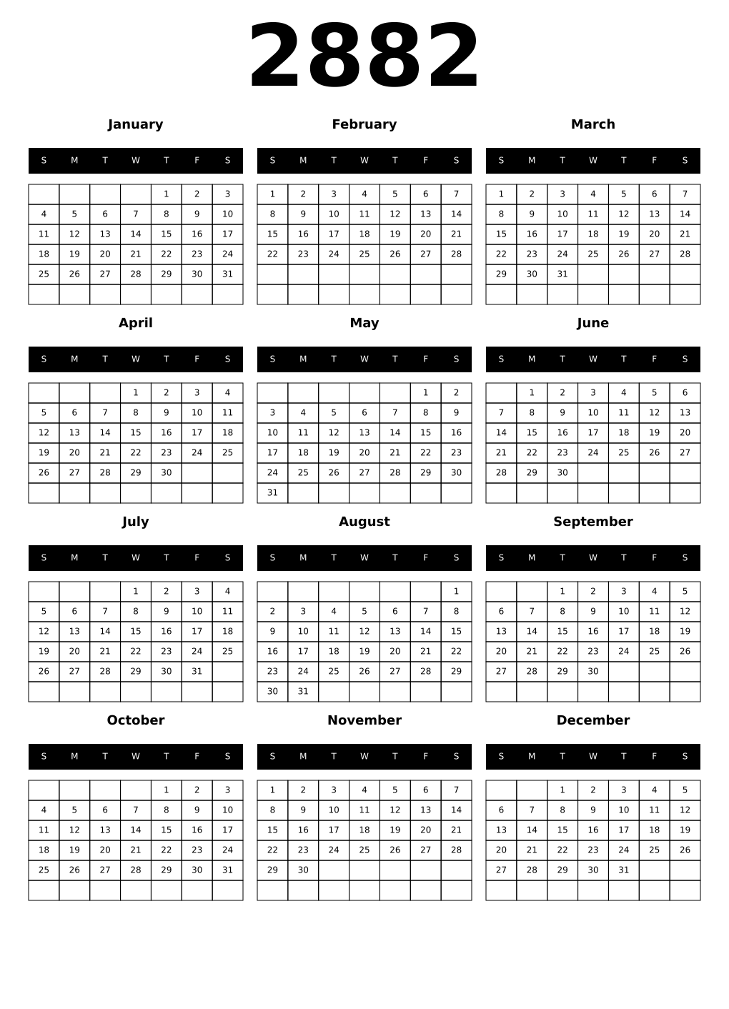 Printable 2882 Year Calendars black
