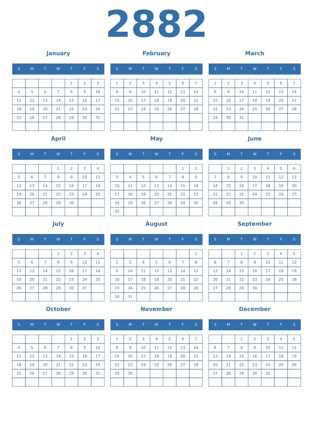 Printable 2882 Year Calendars blue