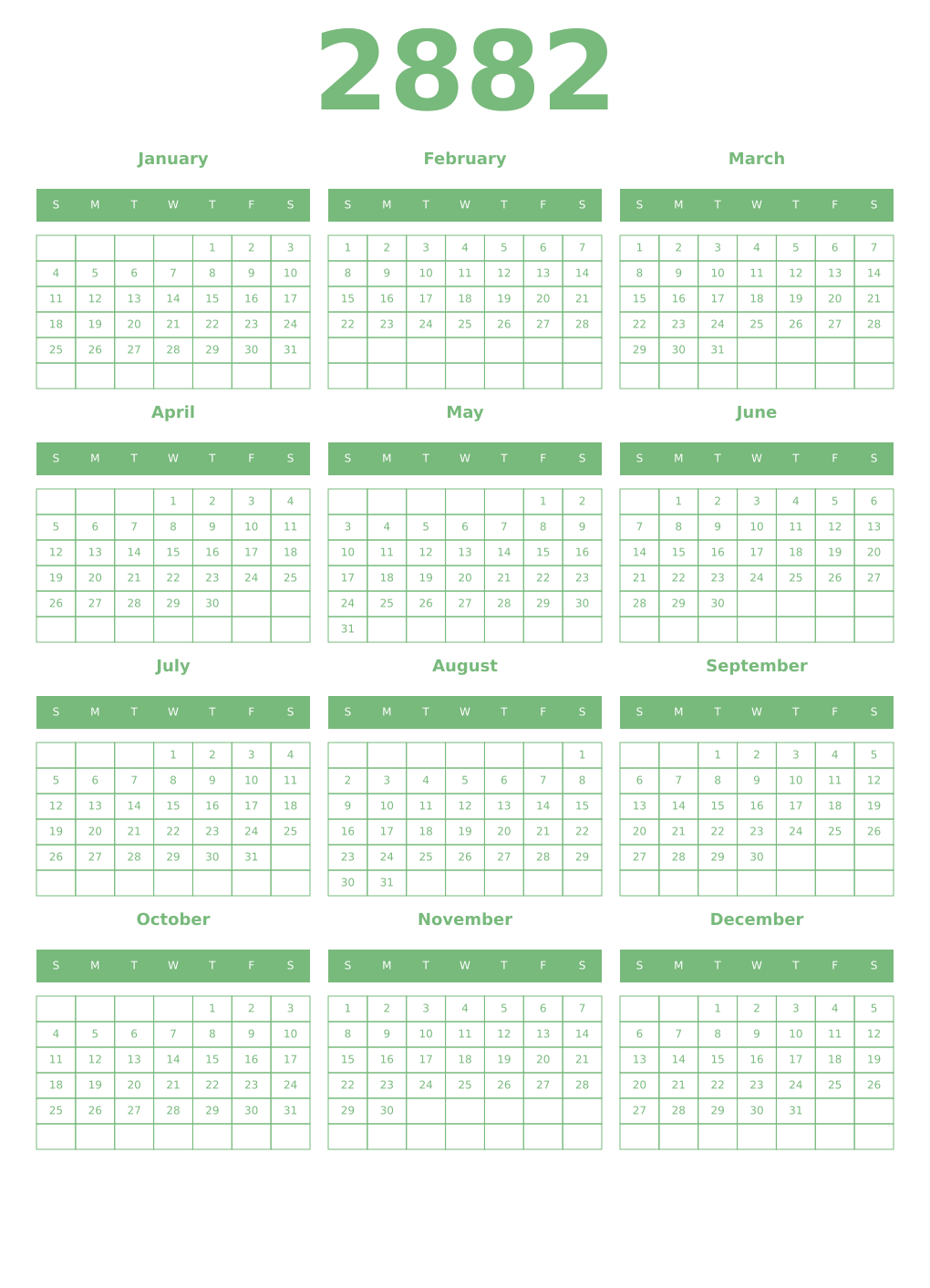 Printable 2882 Year Calendars celadon