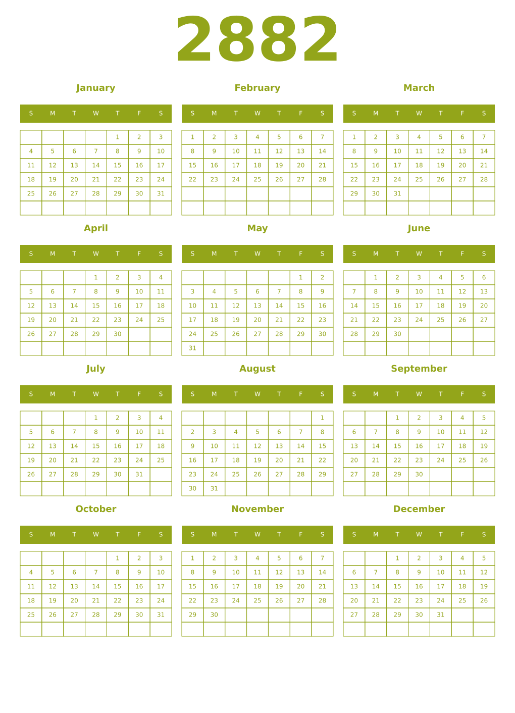 Printable 2882 Year Calendars chartreuse