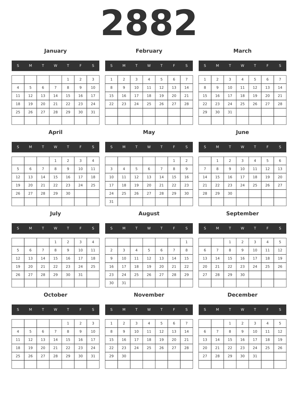 Printable 2882 Year Calendars dark