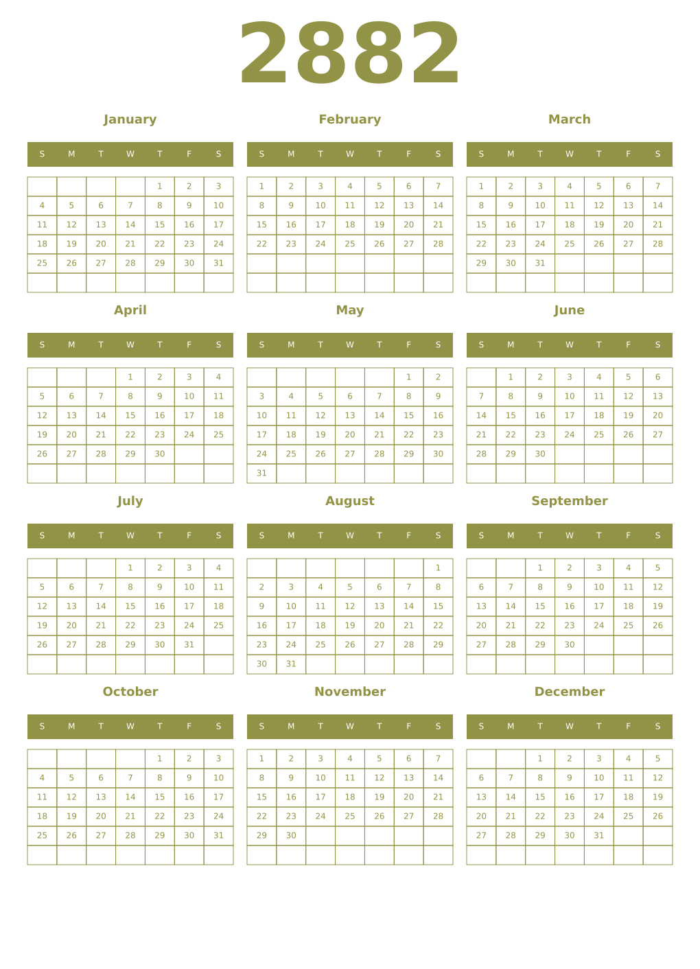 Printable 2882 Year Calendars eburnean