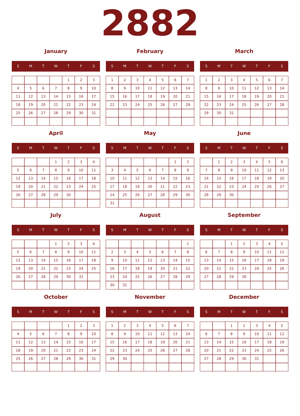 Printable 2882 Year Calendars falu