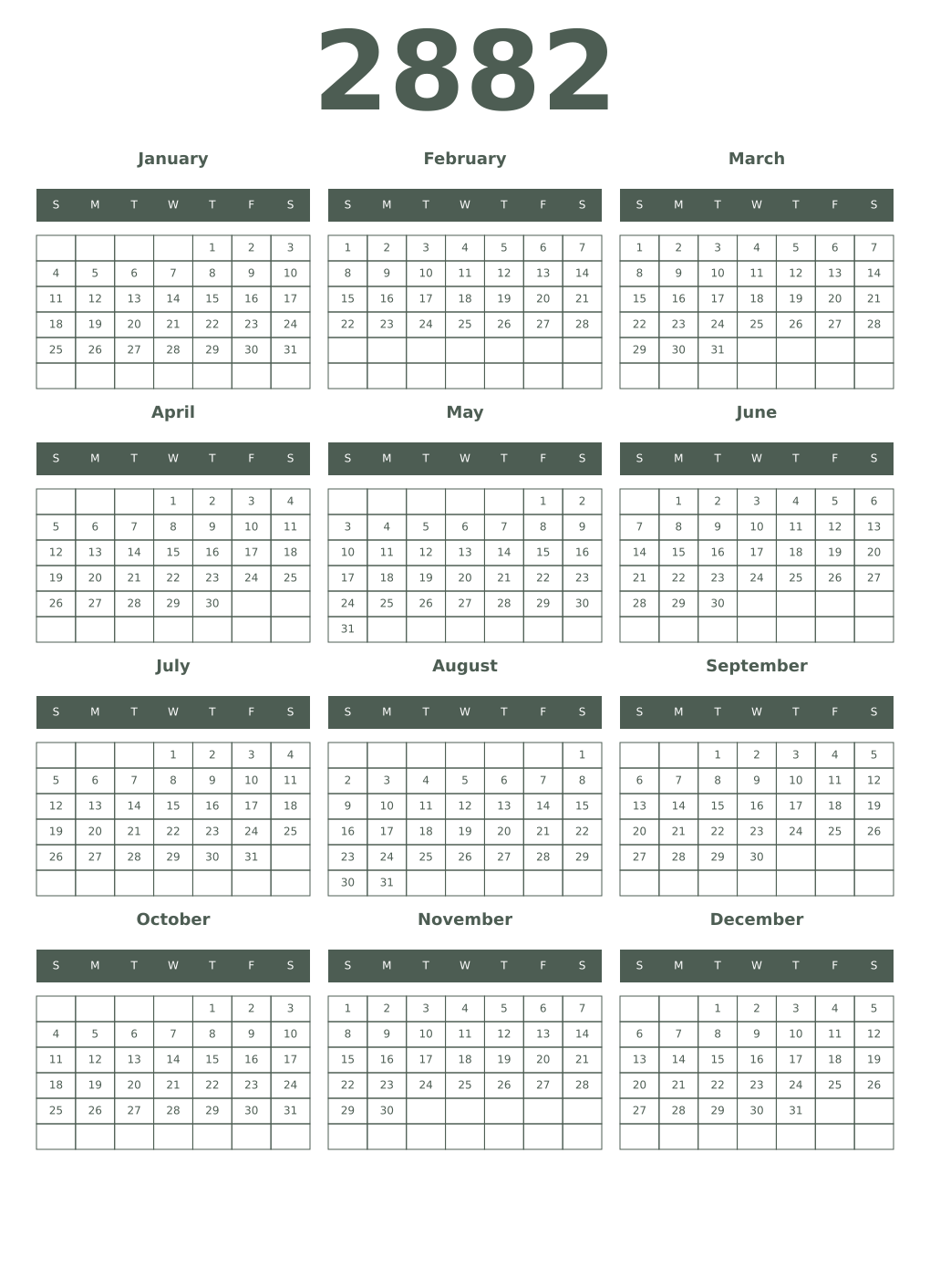 Printable 2882 Year Calendars feldgrau