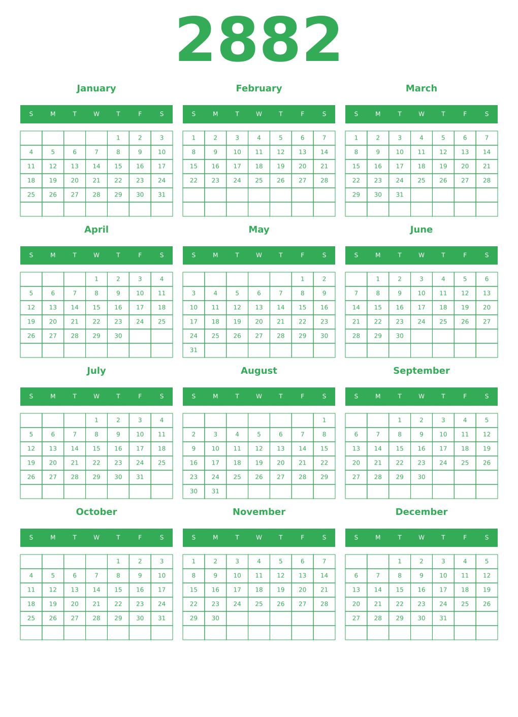 Printable 2882 Year Calendars green