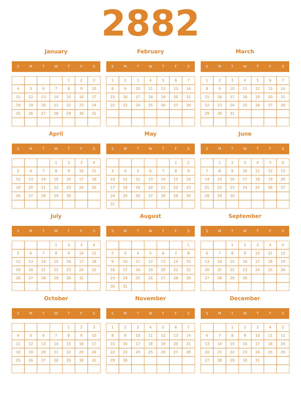 Printable 2882 Year Calendars orange
