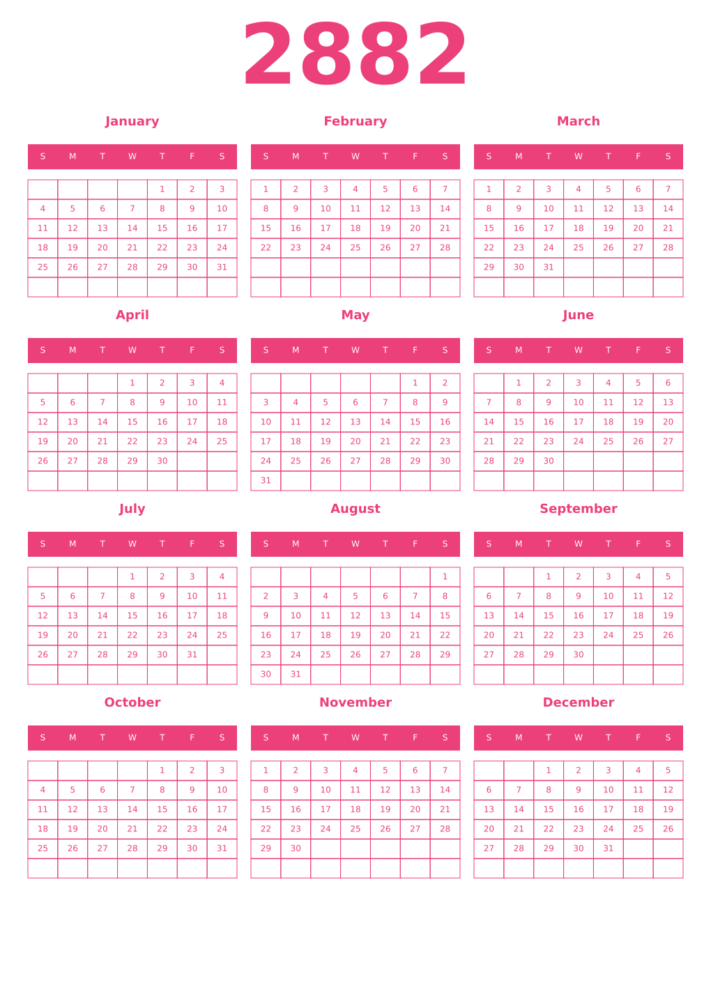 Printable 2882 Year Calendars pink