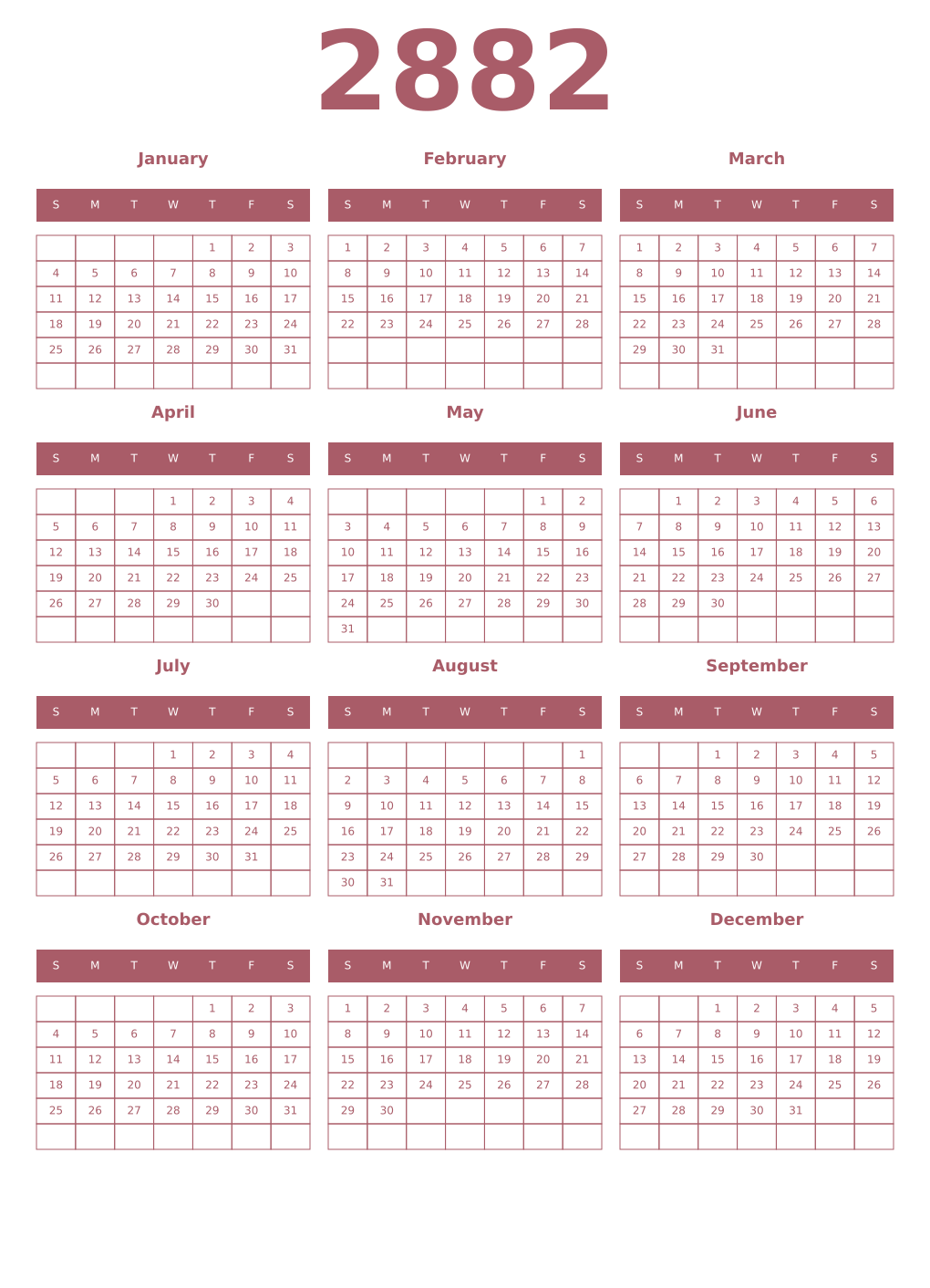 Printable 2882 Year Calendars puce