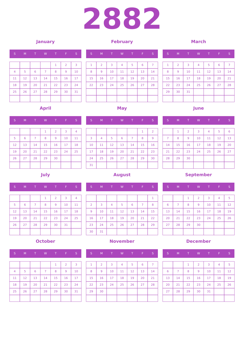 Printable 2882 Year Calendars purple