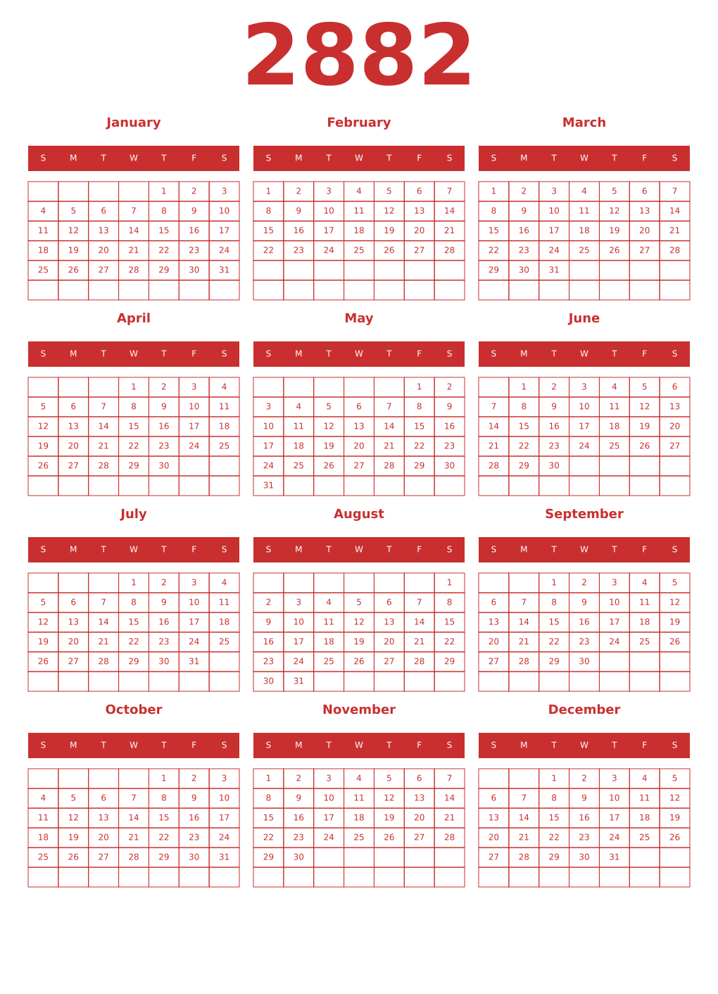 Printable 2882 Year Calendars red