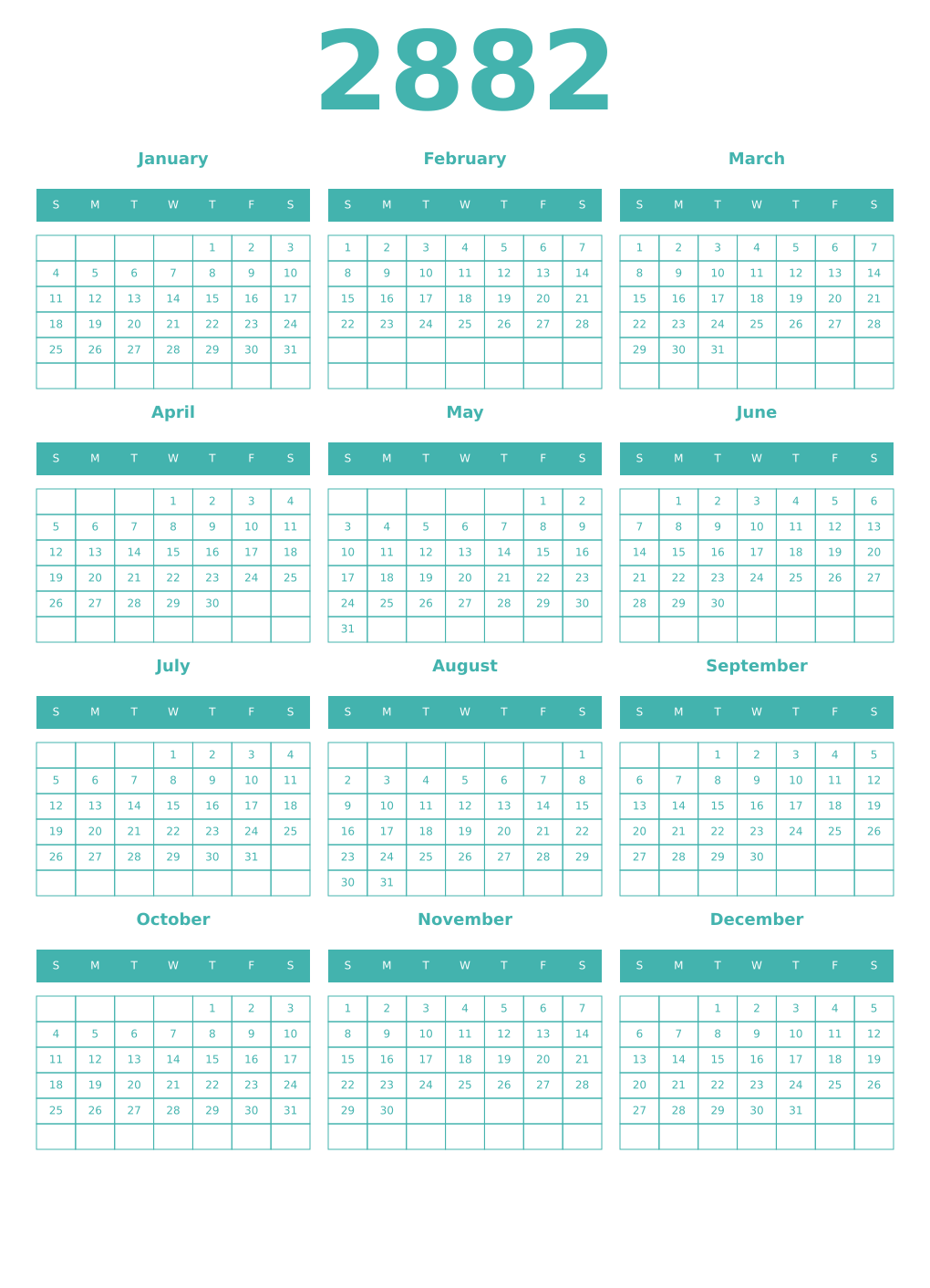 Printable 2882 Year Calendars verdigris
