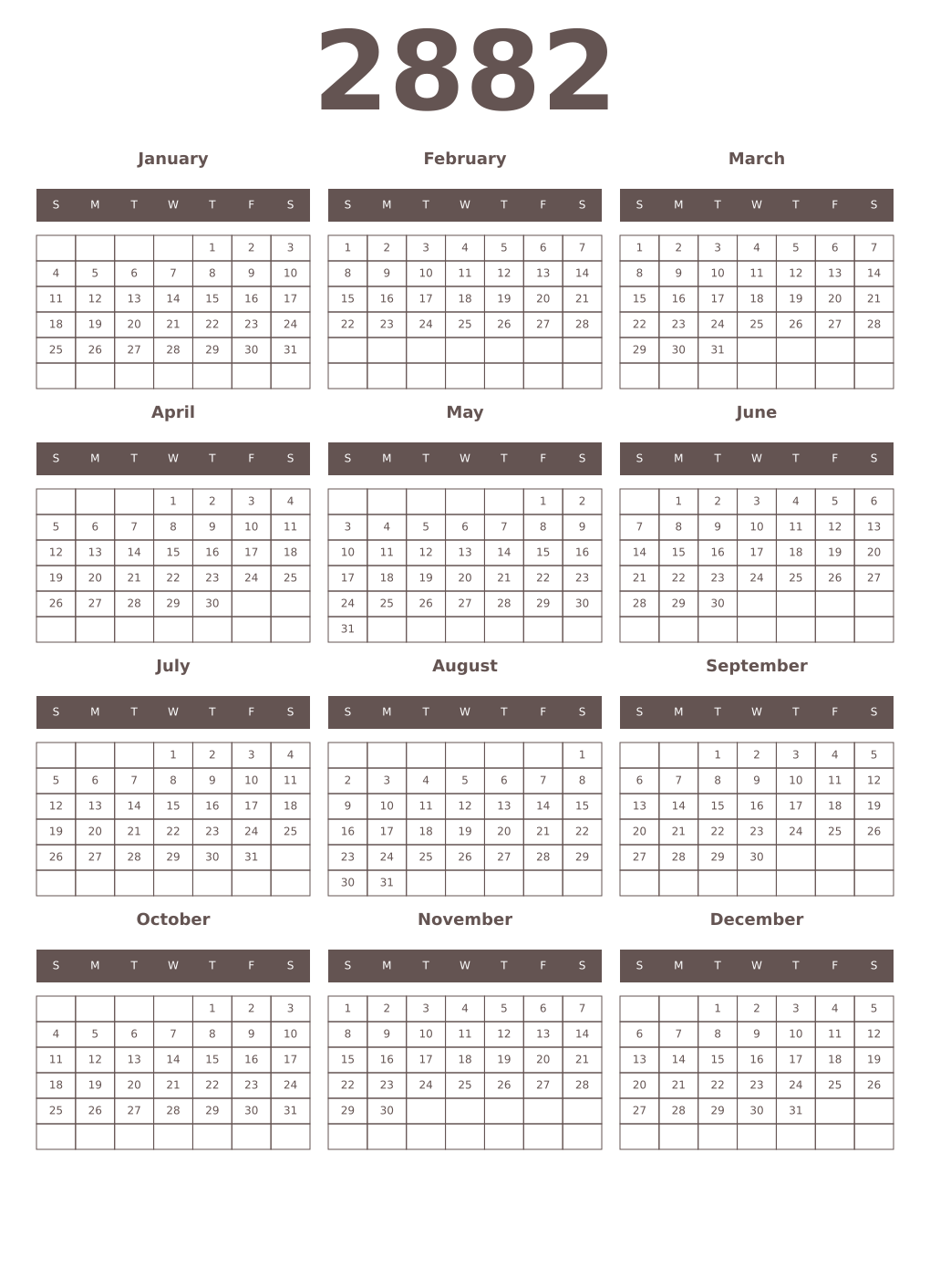 Printable 2882 Year Calendars wenge