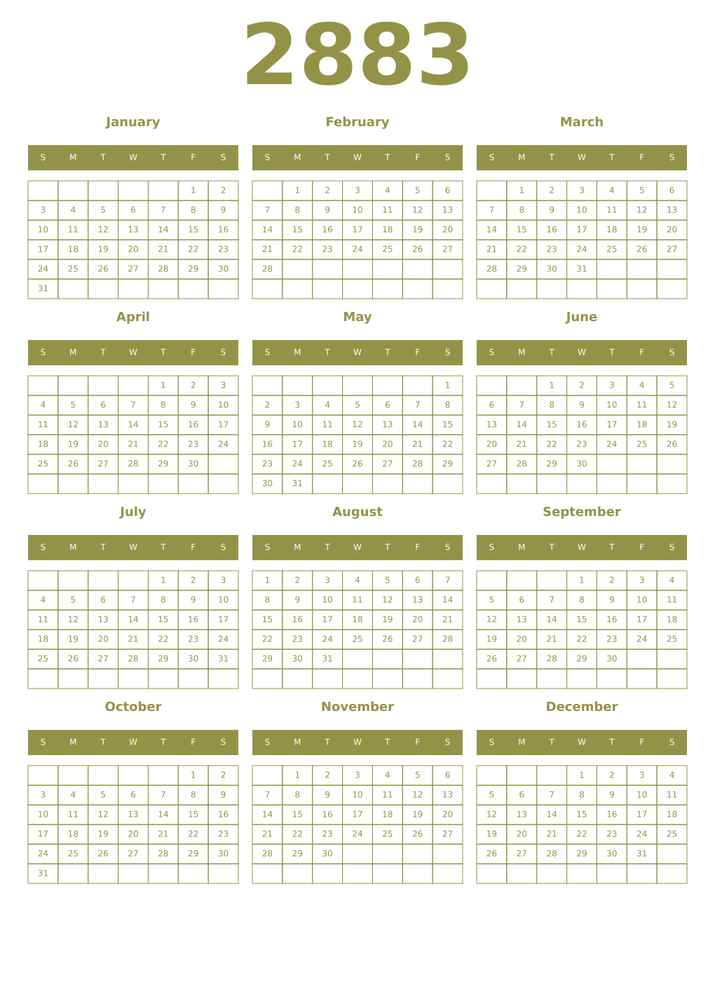 Printable 2883 Year Calendars eburnean