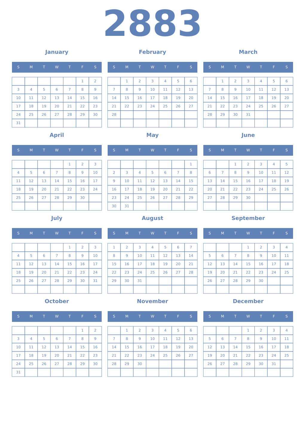 Printable 2883 Year Calendars glaucous