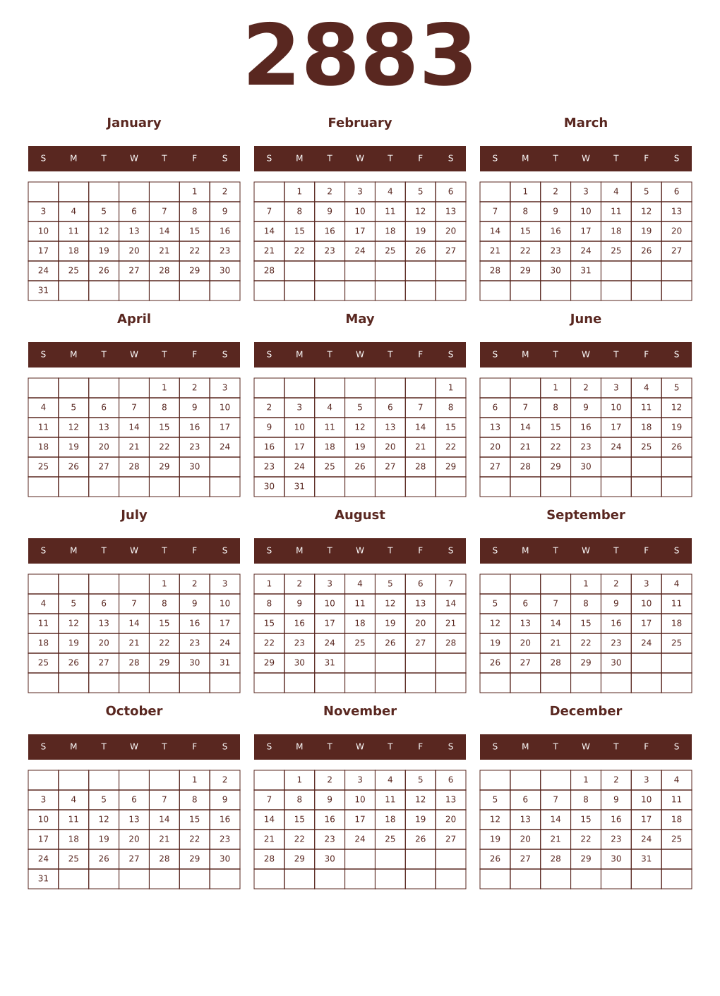 Printable 2883 Year Calendars mortuum