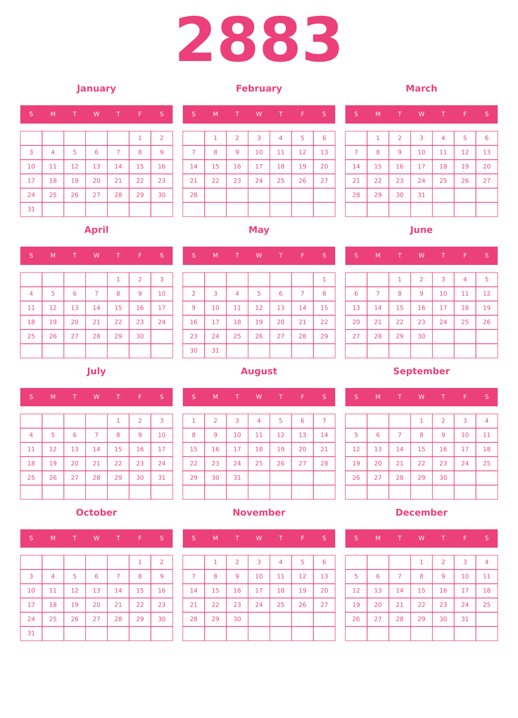 Printable 2883 Year Calendars pink
