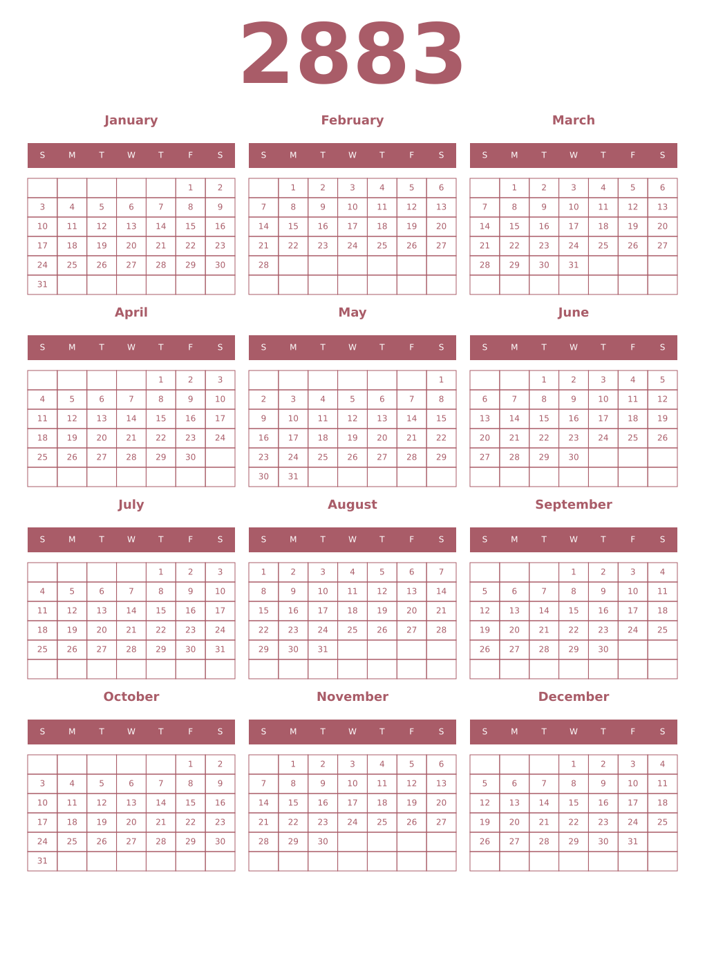 Printable 2883 Year Calendars puce