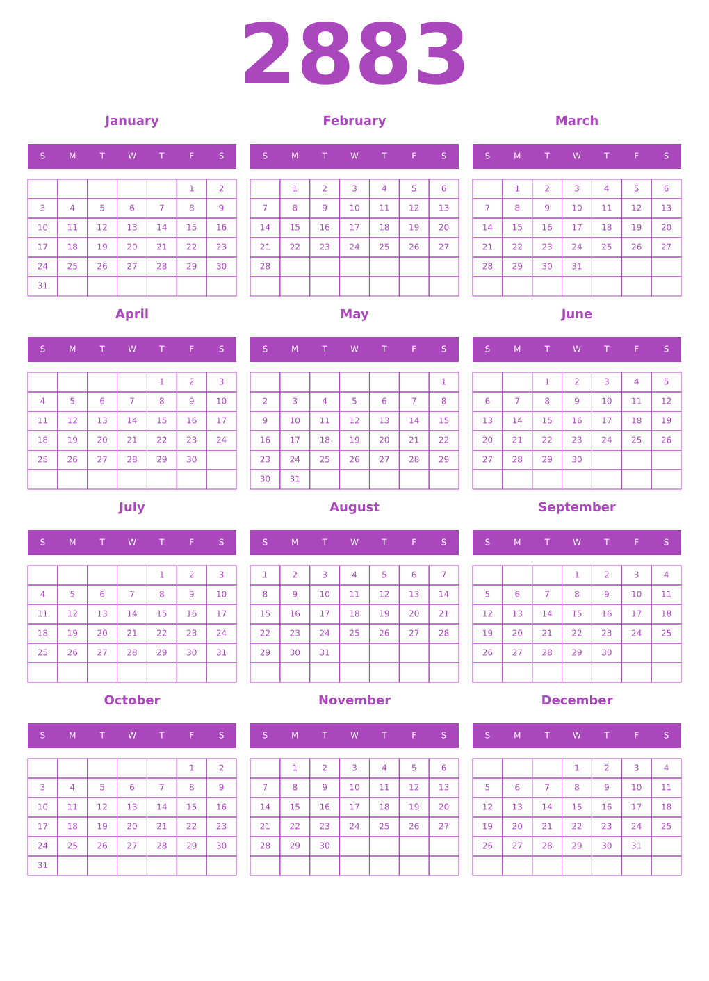 Printable 2883 Year Calendars purple