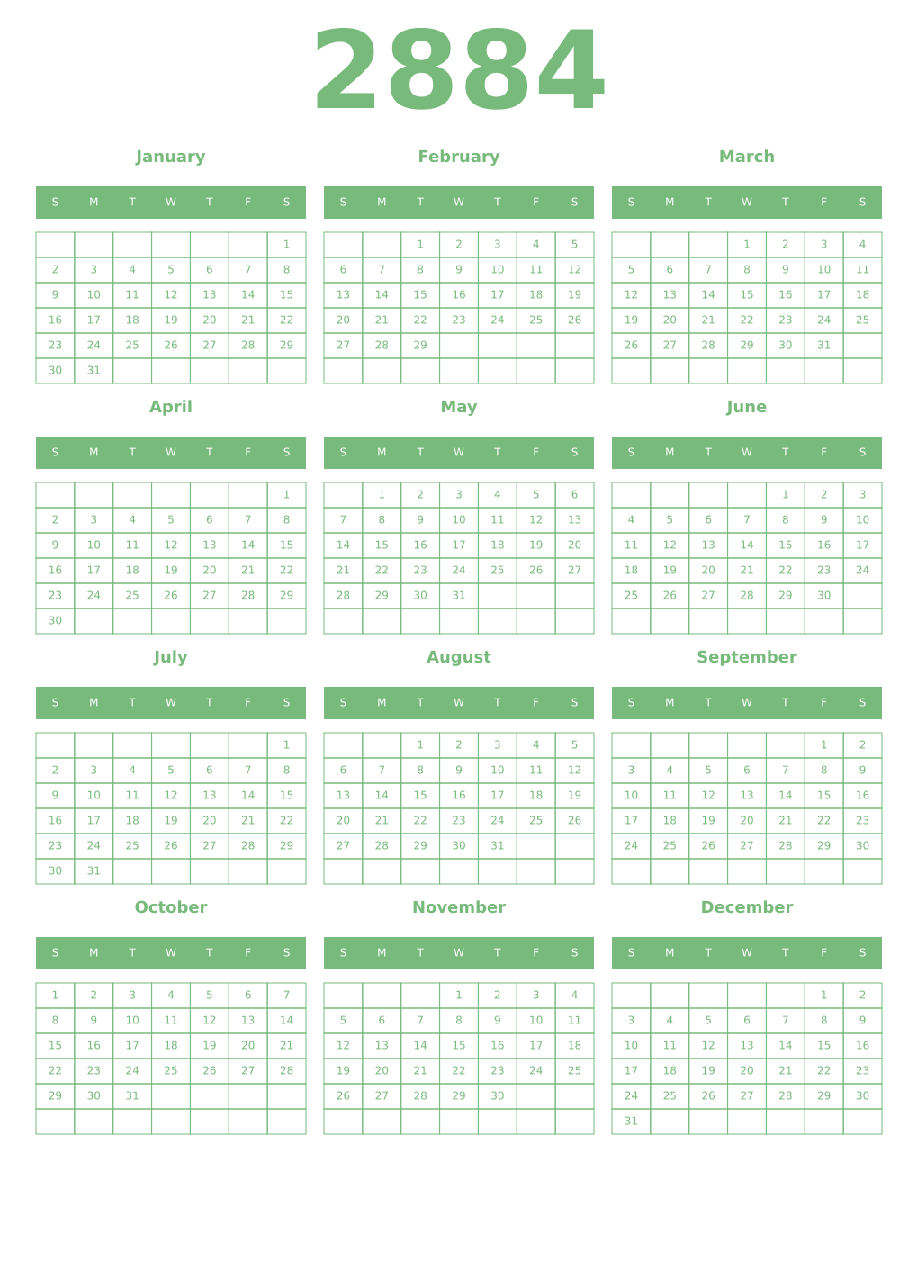 Printable 2884 Year Calendars celadon