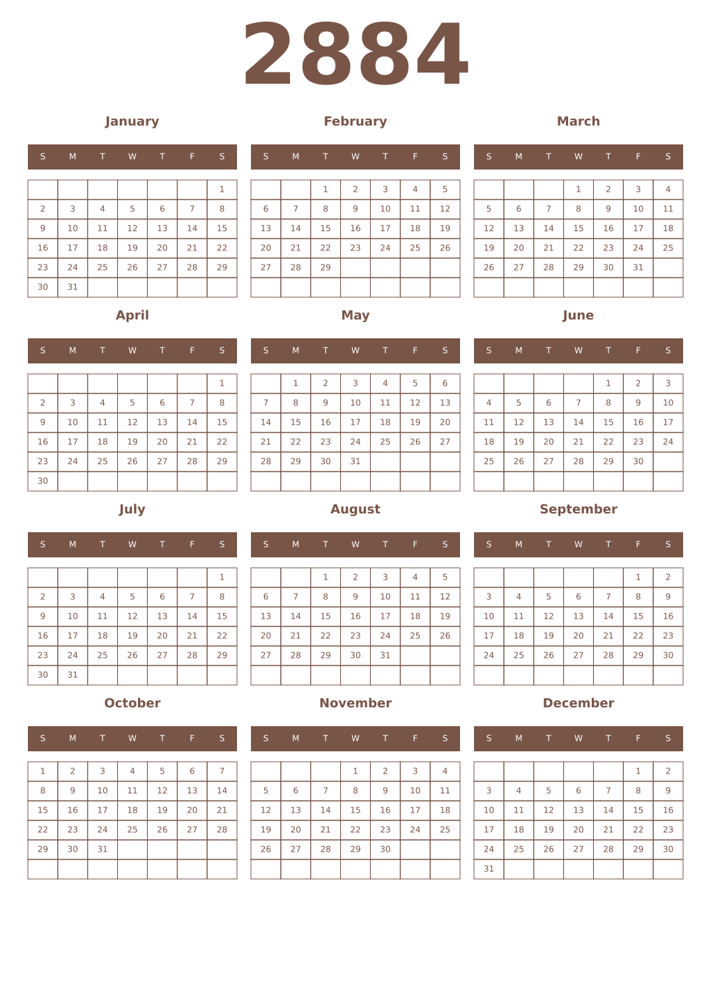 Printable 2884 Year Calendars coffe