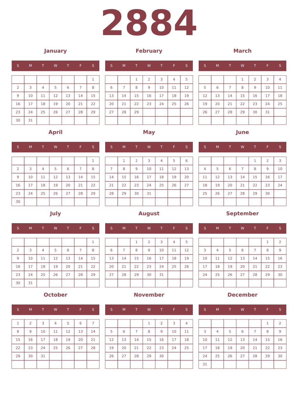 Printable 2884 Year Calendars cordovan