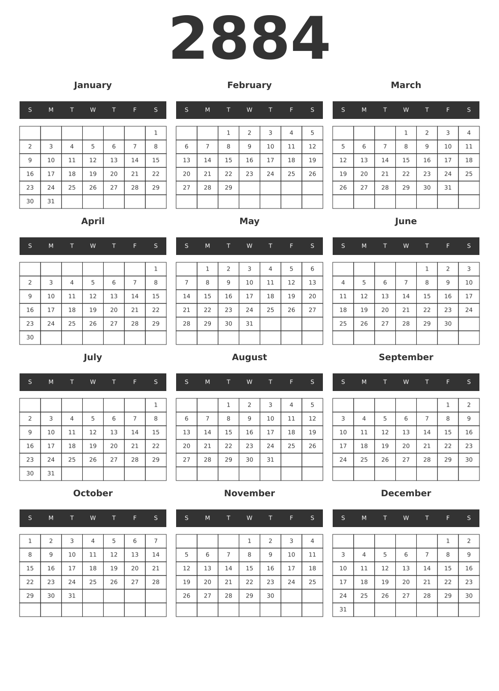 Printable 2884 Year Calendars dark