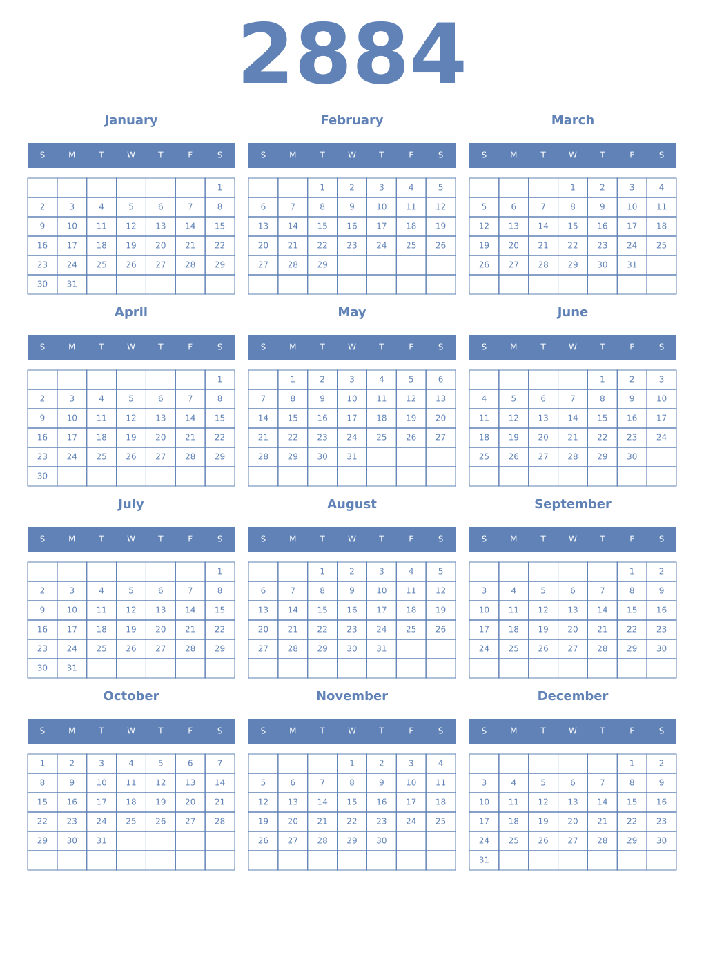 Printable 2884 Year Calendars glaucous