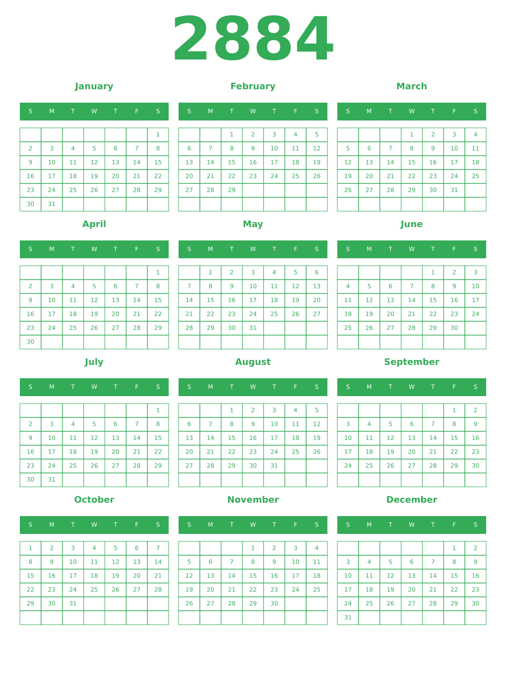 Printable 2884 Year Calendars green