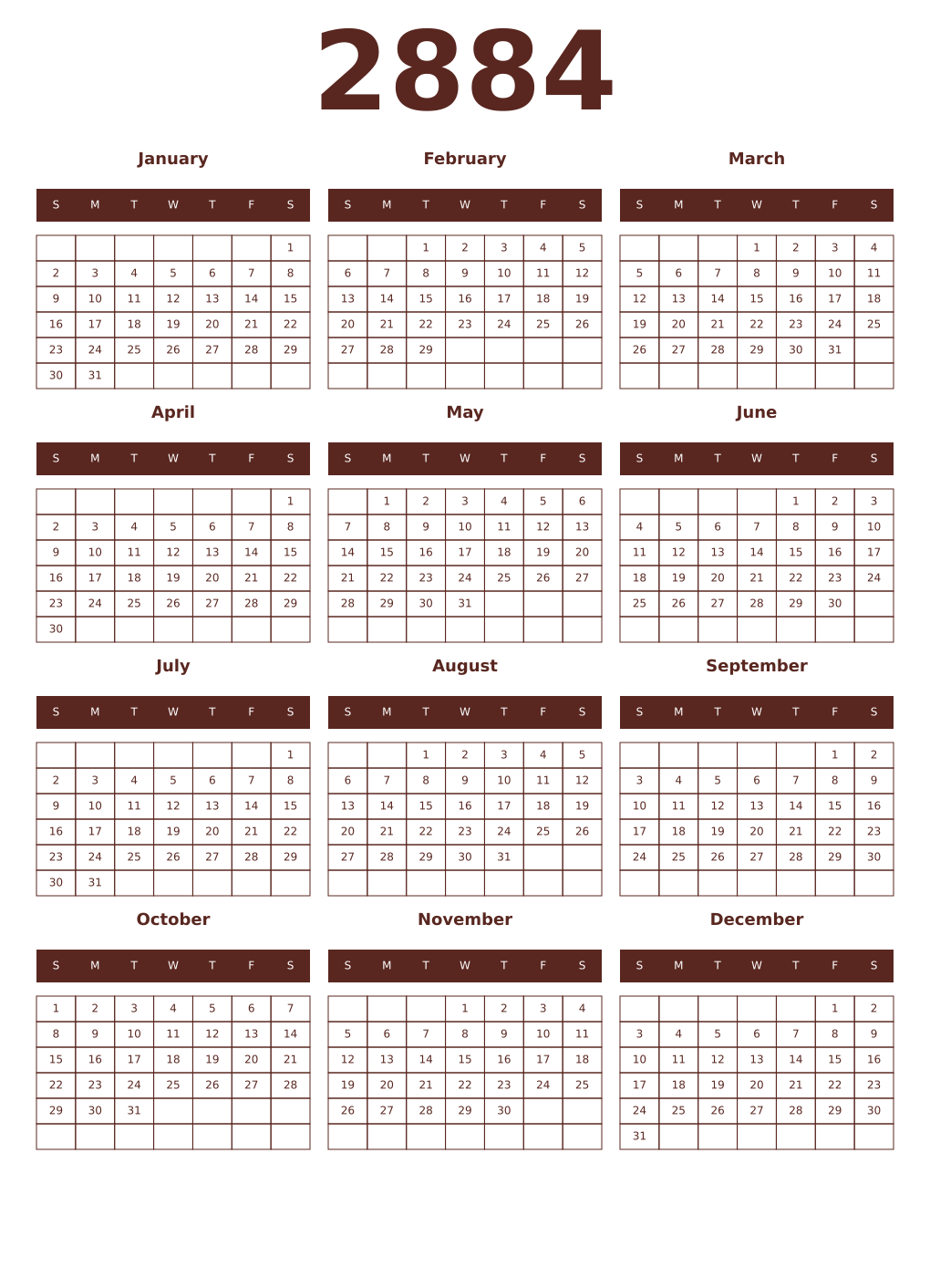 Printable 2884 Year Calendars mortuum