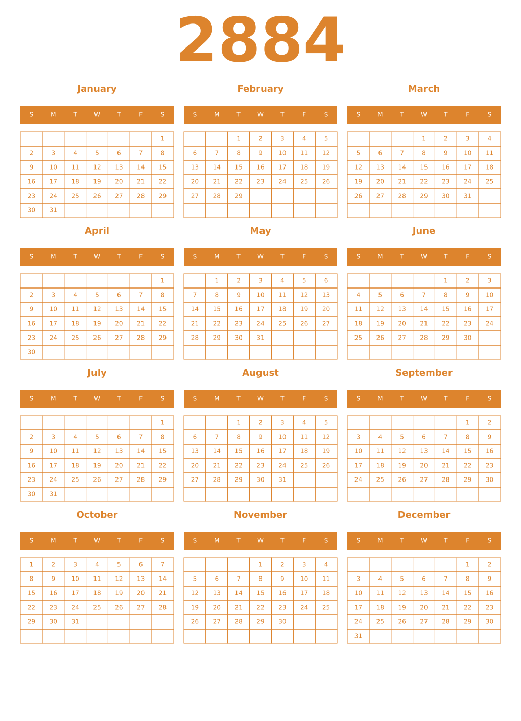 Printable 2884 Year Calendars orange
