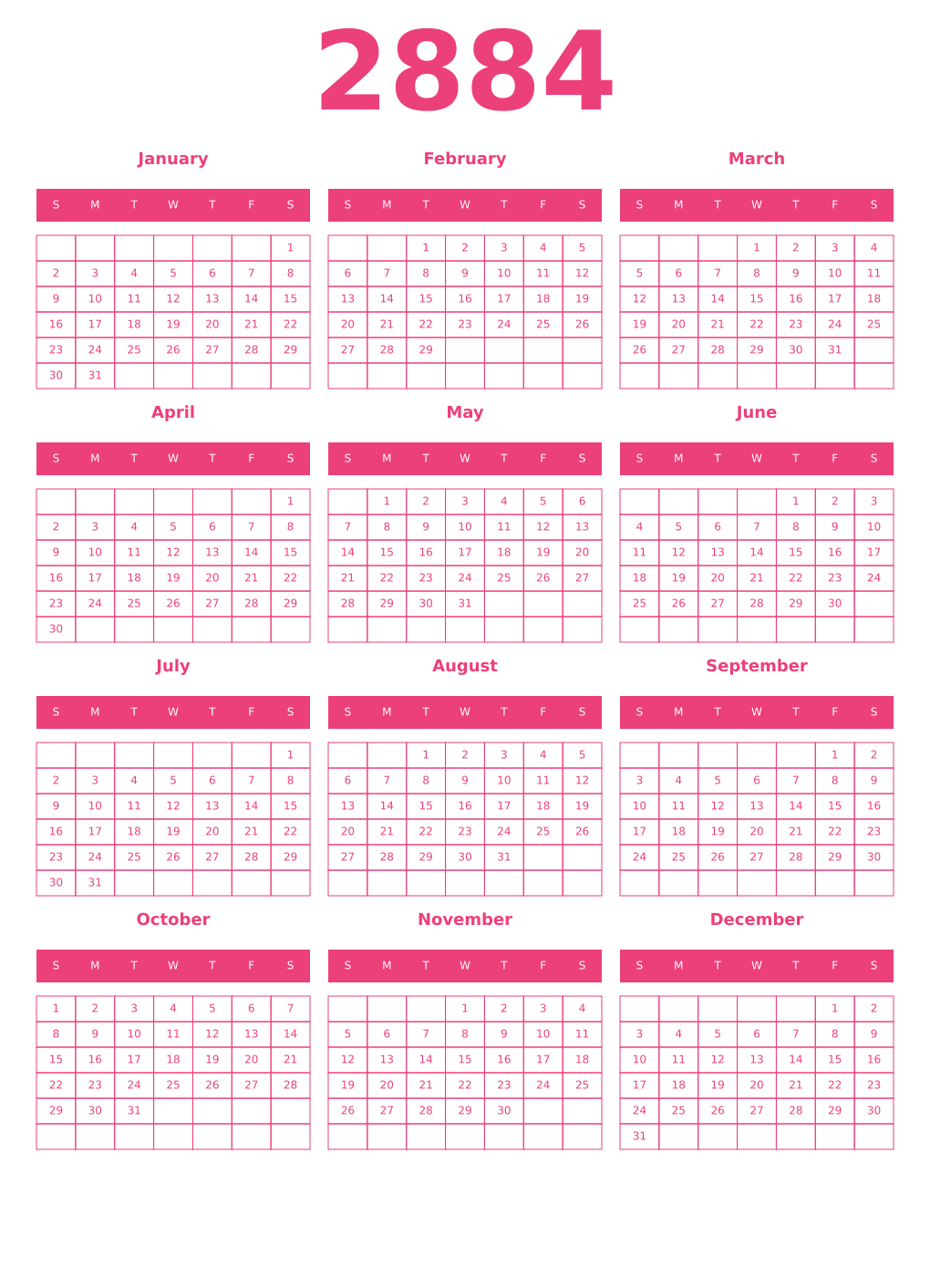 Printable 2884 Year Calendars pink