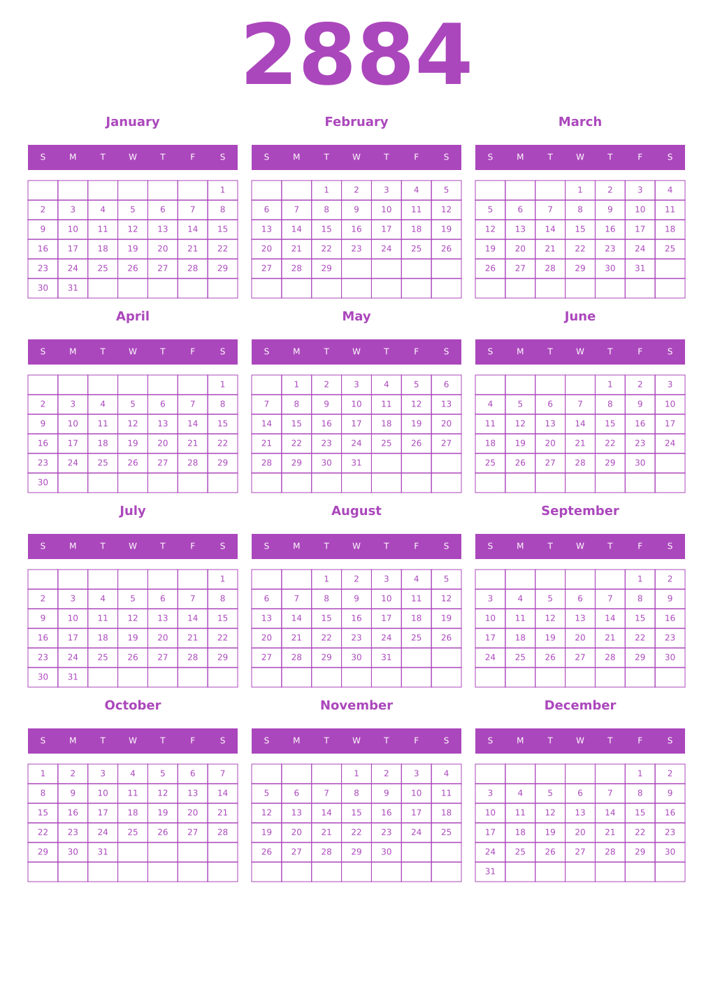 Printable 2884 Year Calendars purple