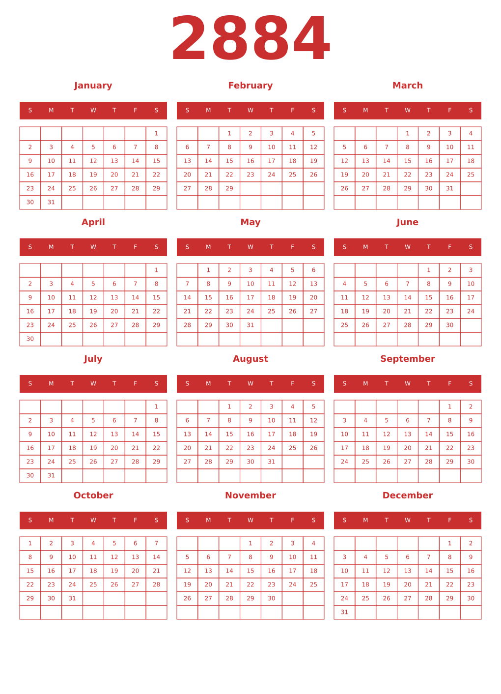 Printable 2884 Year Calendars red