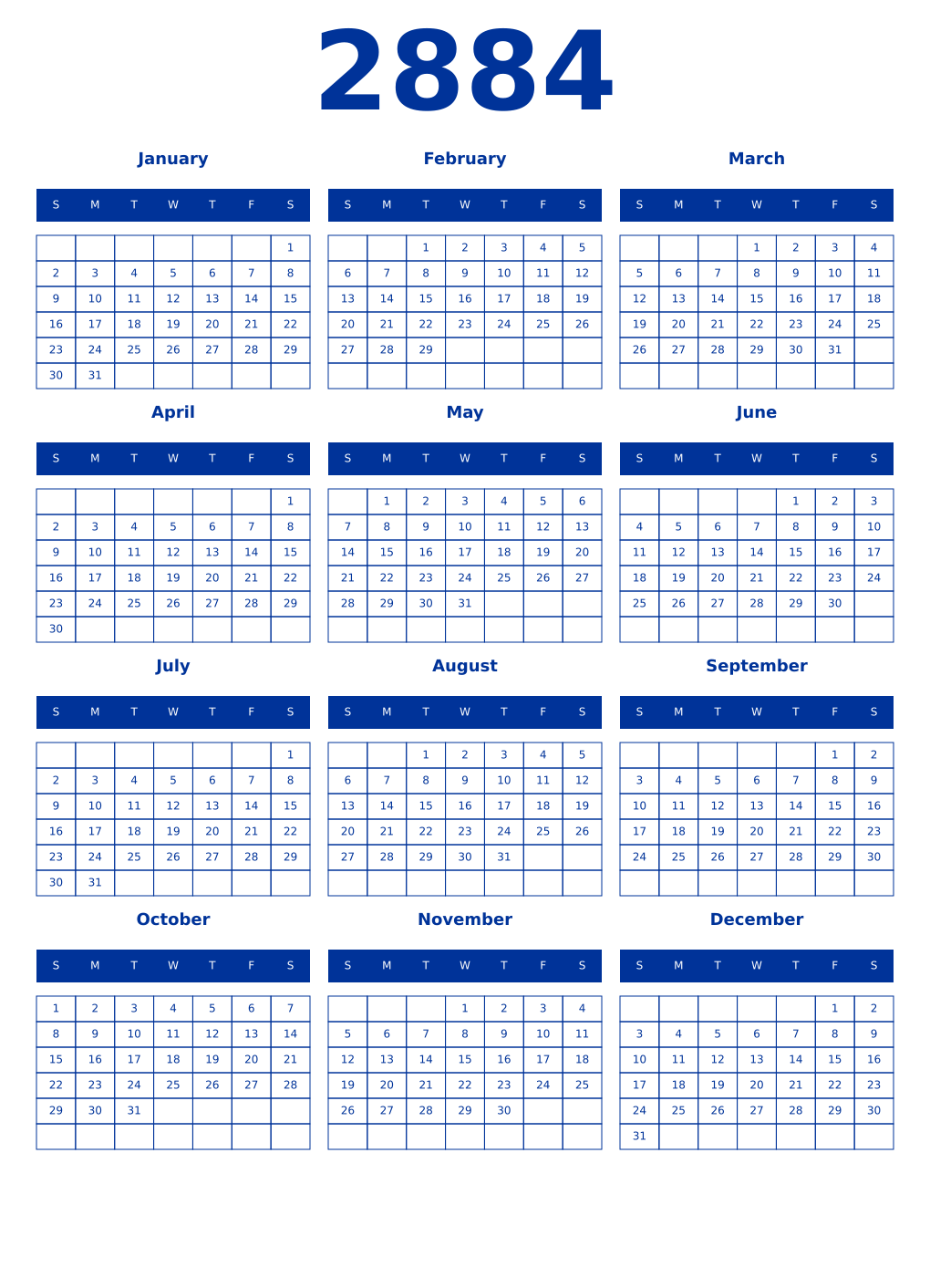 Printable 2884 Year Calendars smalt