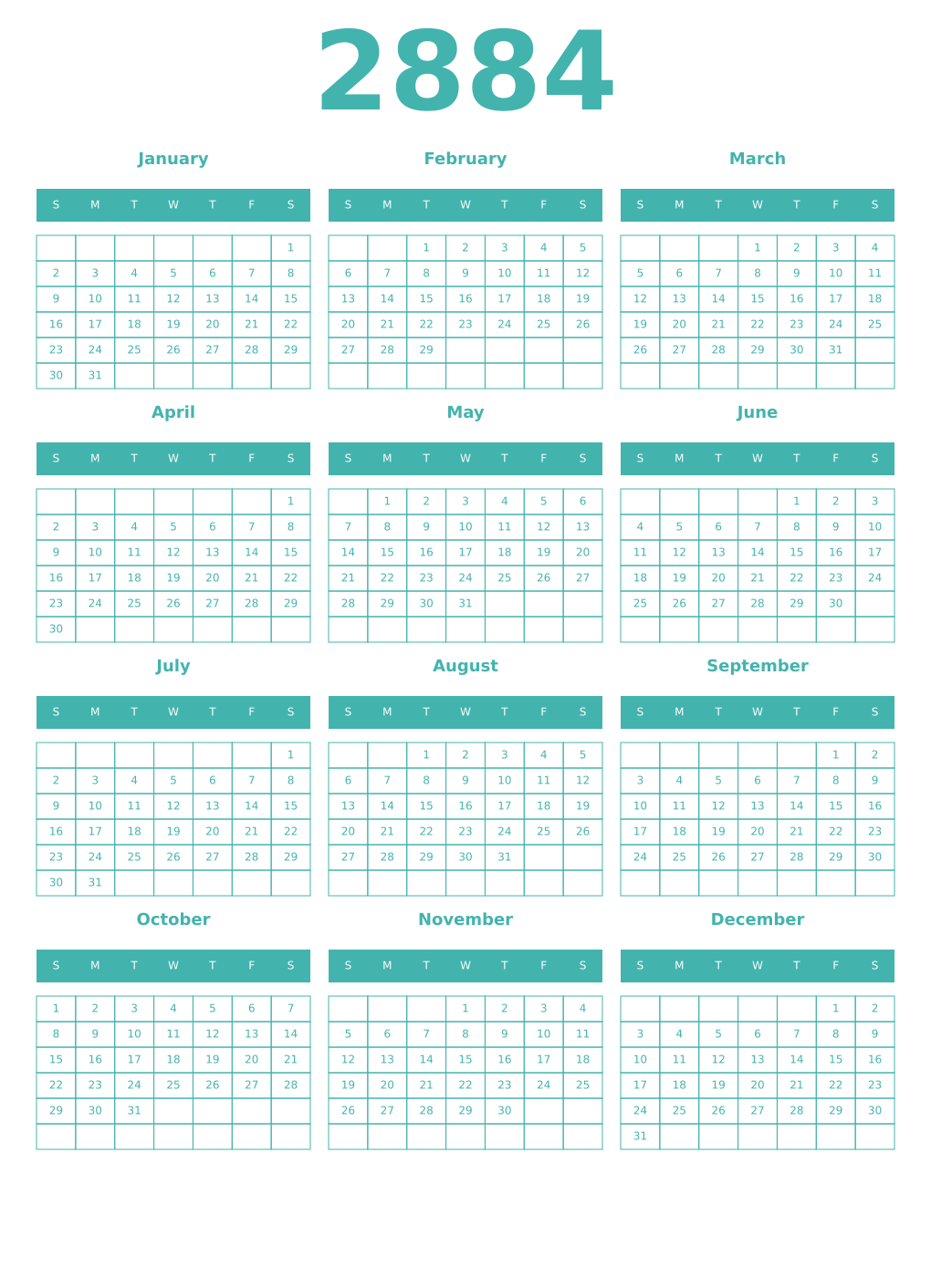 Printable 2884 Year Calendars verdigris