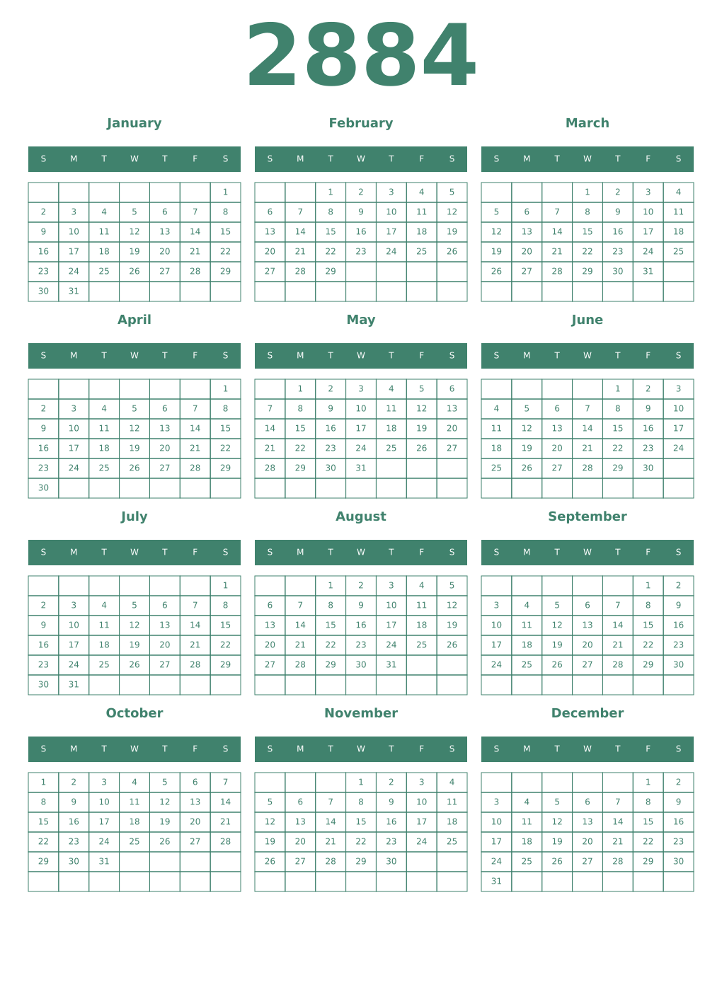 Printable 2884 Year Calendars viridian