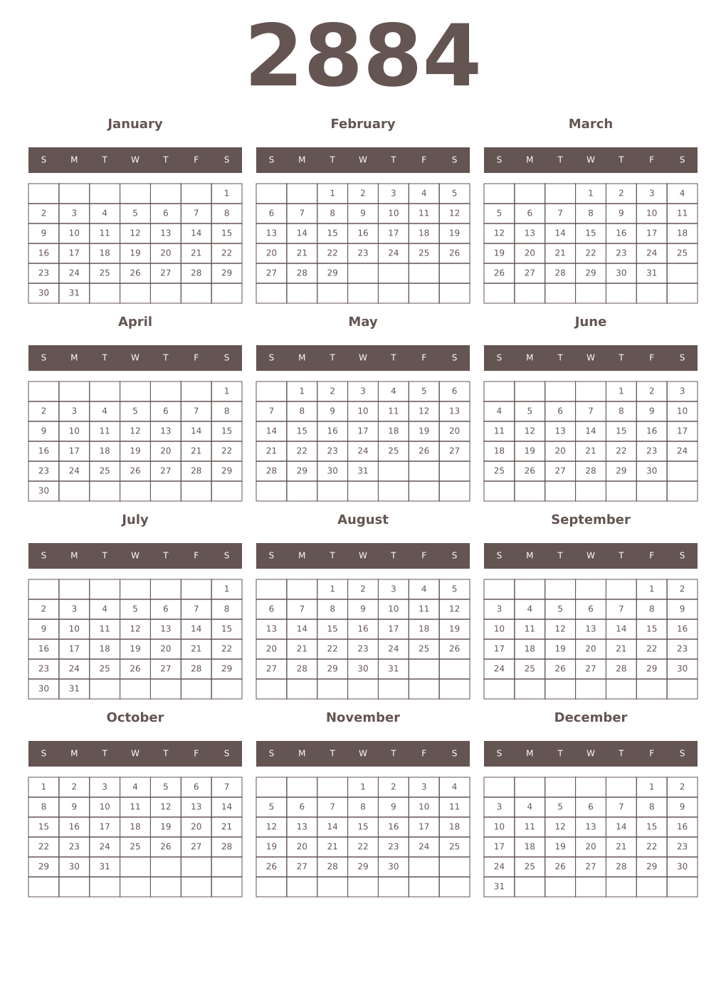 Printable 2884 Year Calendars wenge