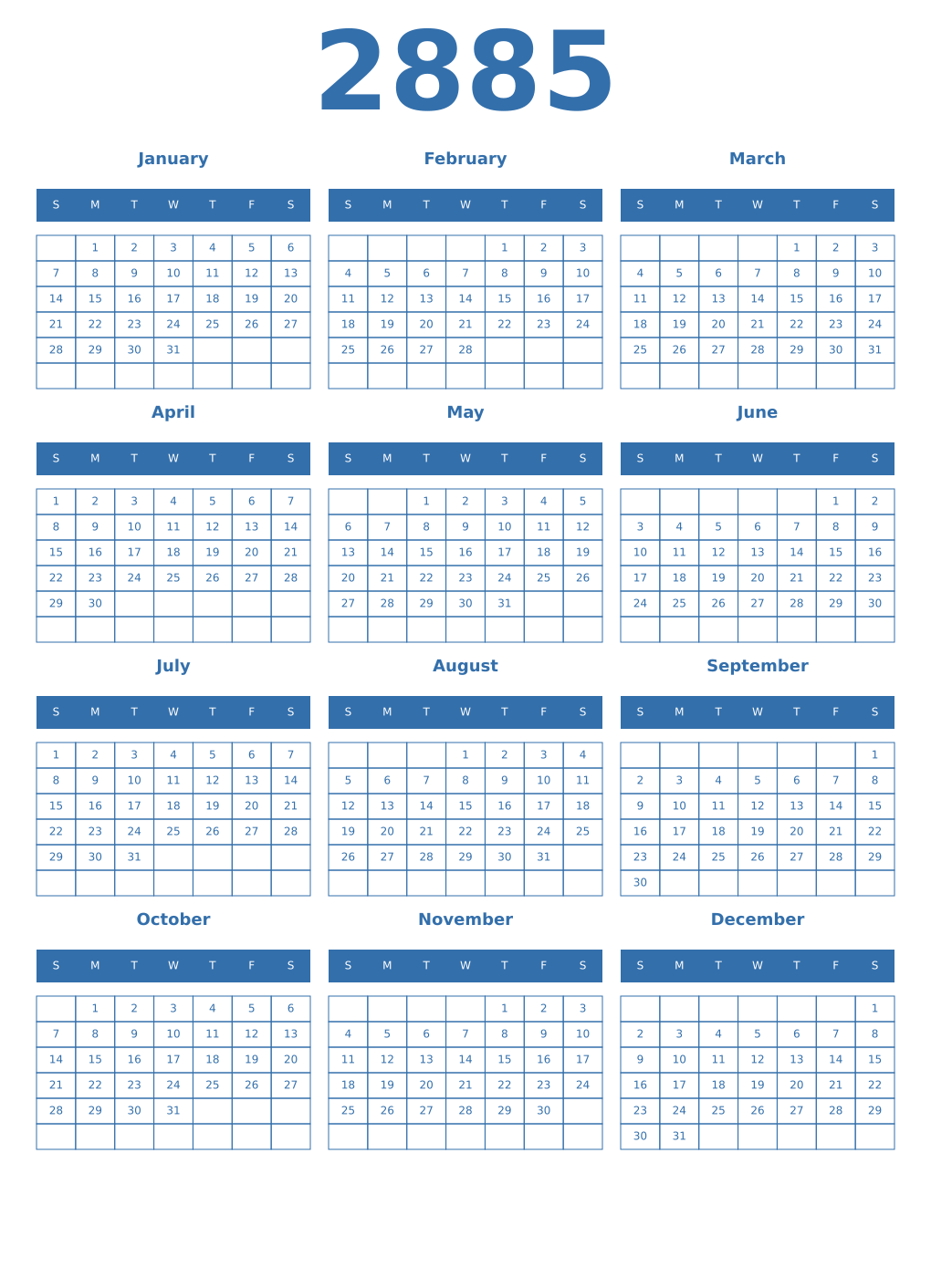 Printable 2885 Year Calendars blue