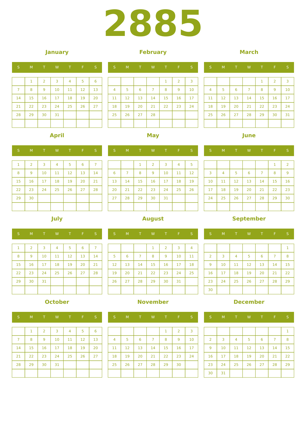 Printable 2885 Year Calendars chartreuse