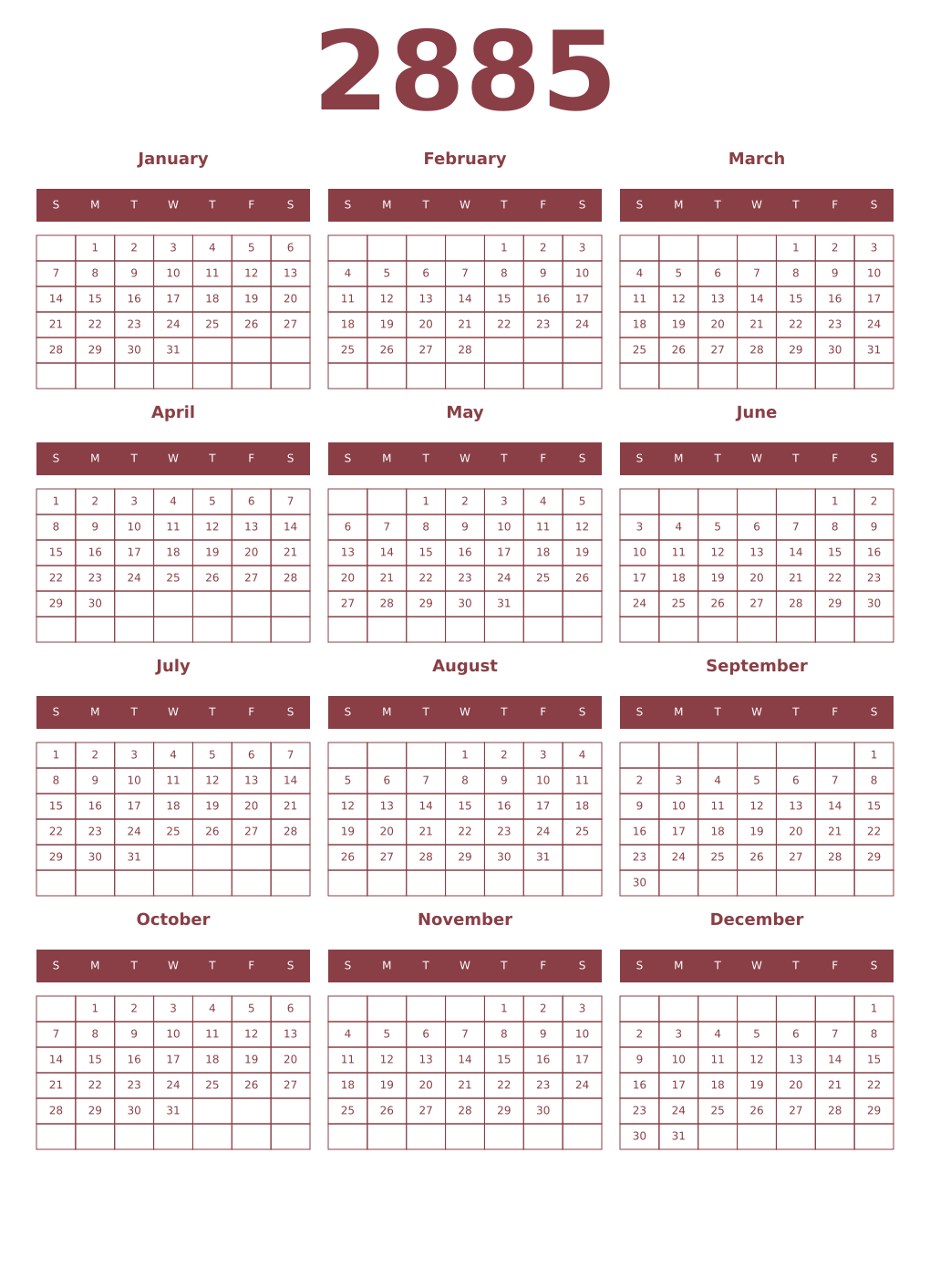 Printable 2885 Year Calendars cordovan