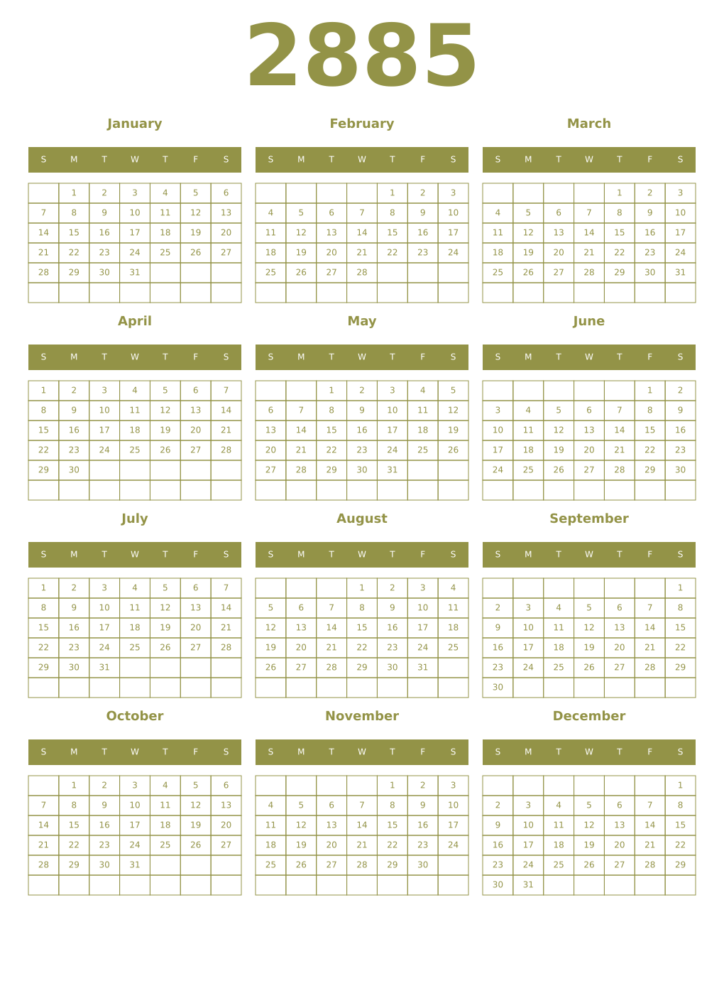 Printable 2885 Year Calendars eburnean