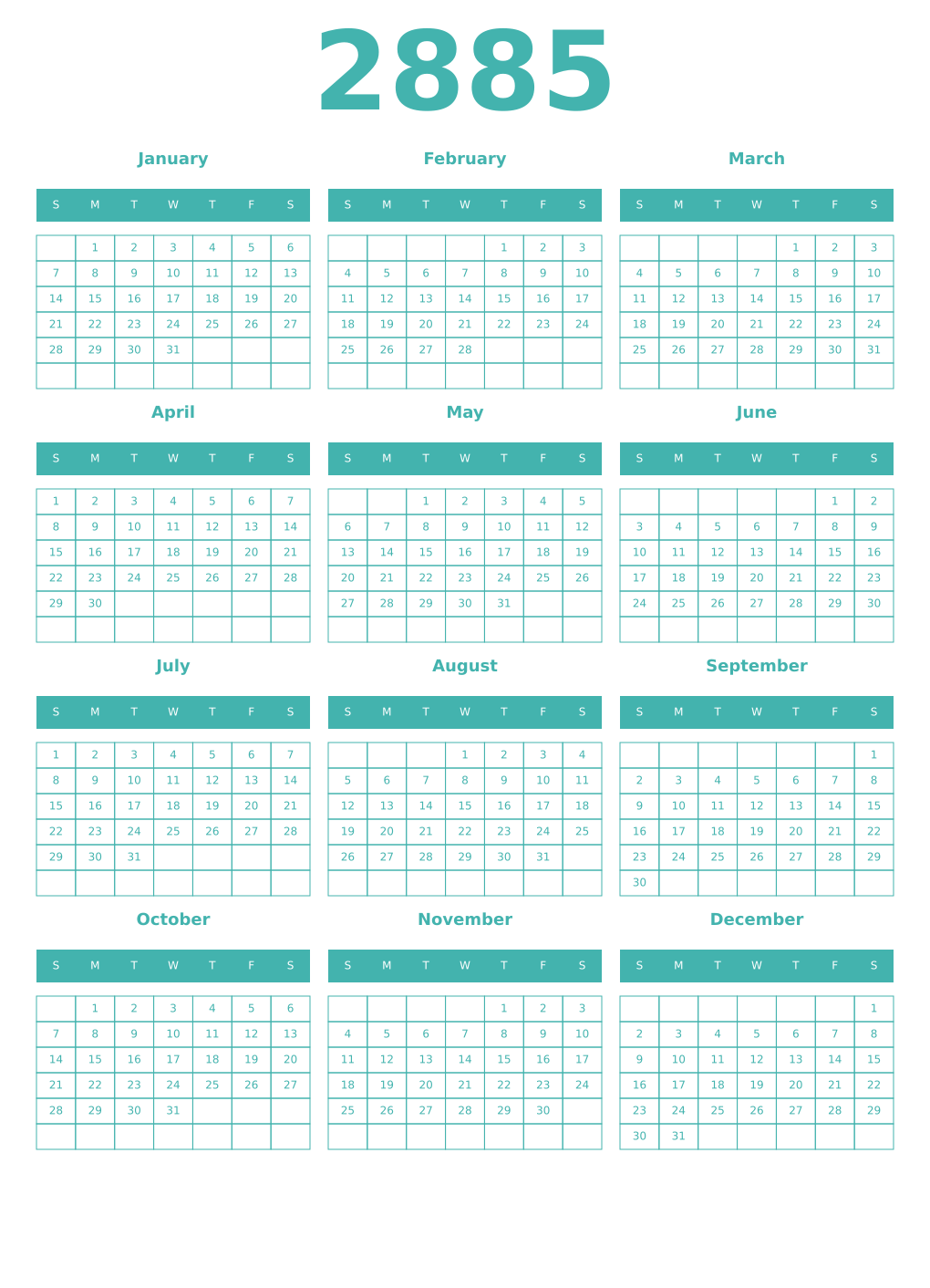 Printable 2885 Year Calendars verdigris