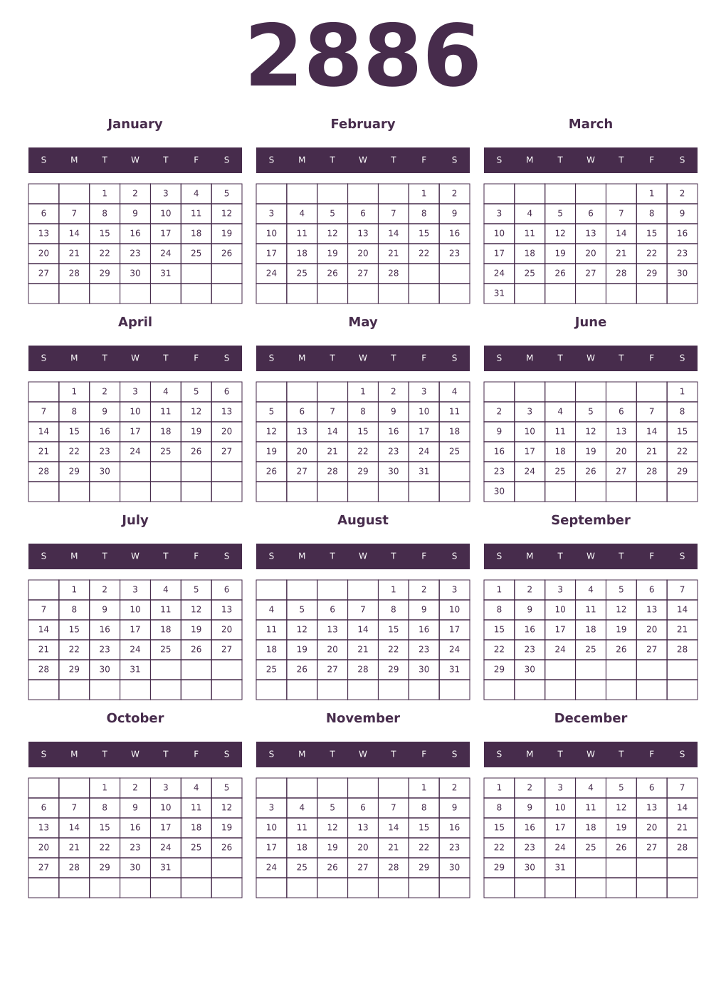 Printable 2886 Year Calendars aubergine