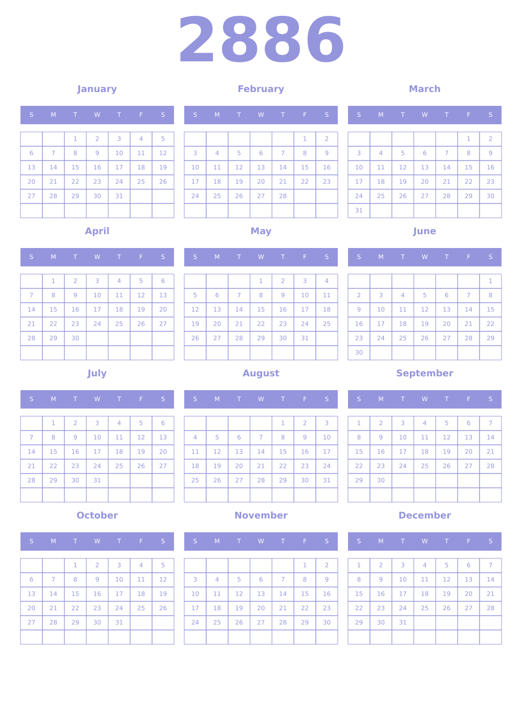 Printable 2886 Year Calendars periwinkle
