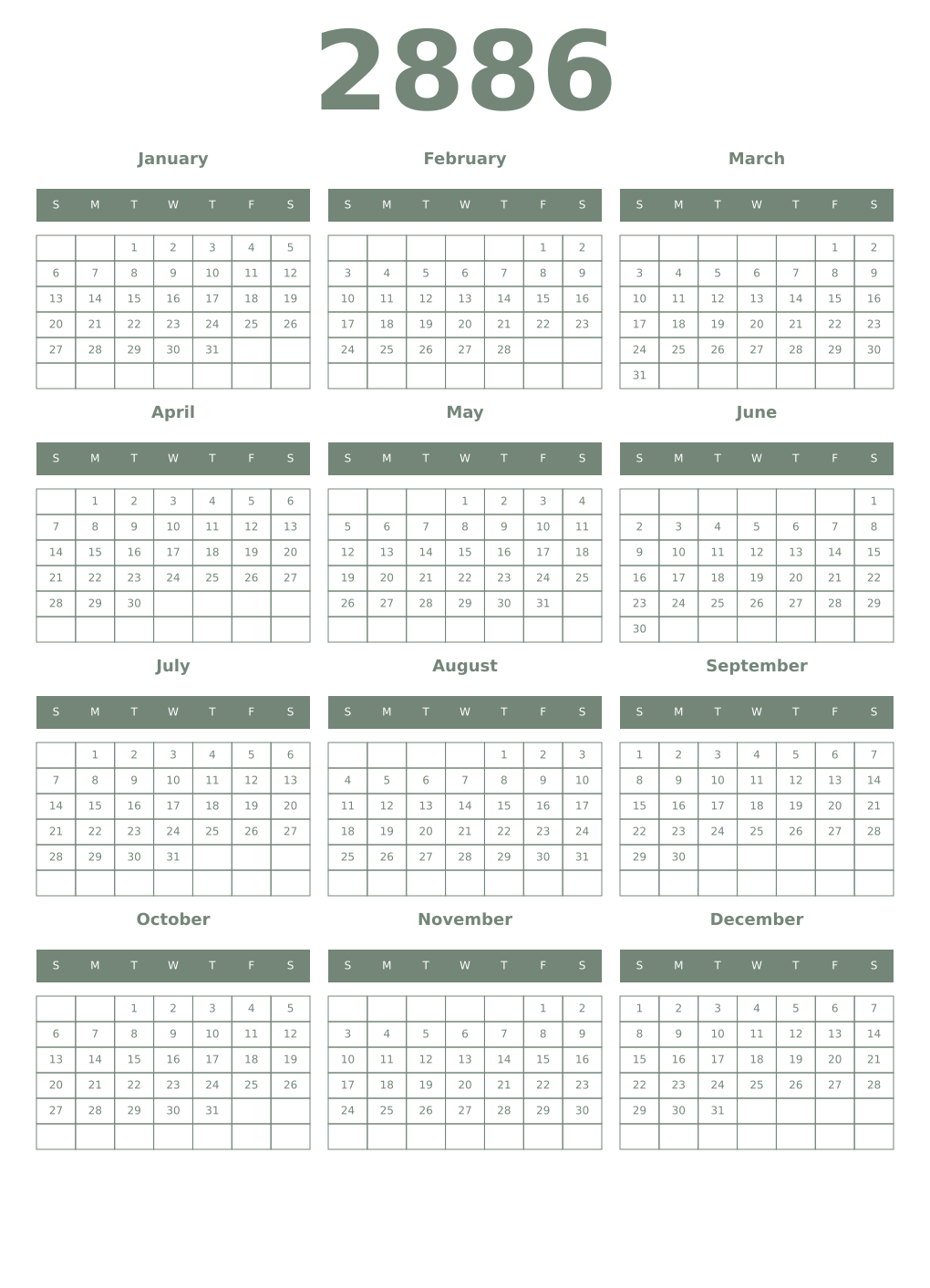 Printable 2886 Year Calendars xanadu