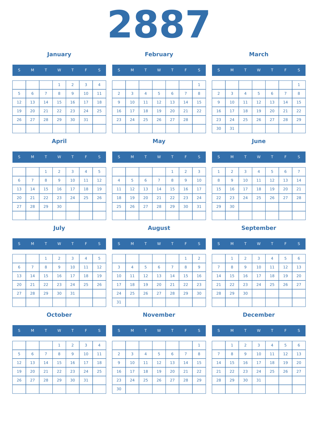 Printable 2887 Year Calendars blue