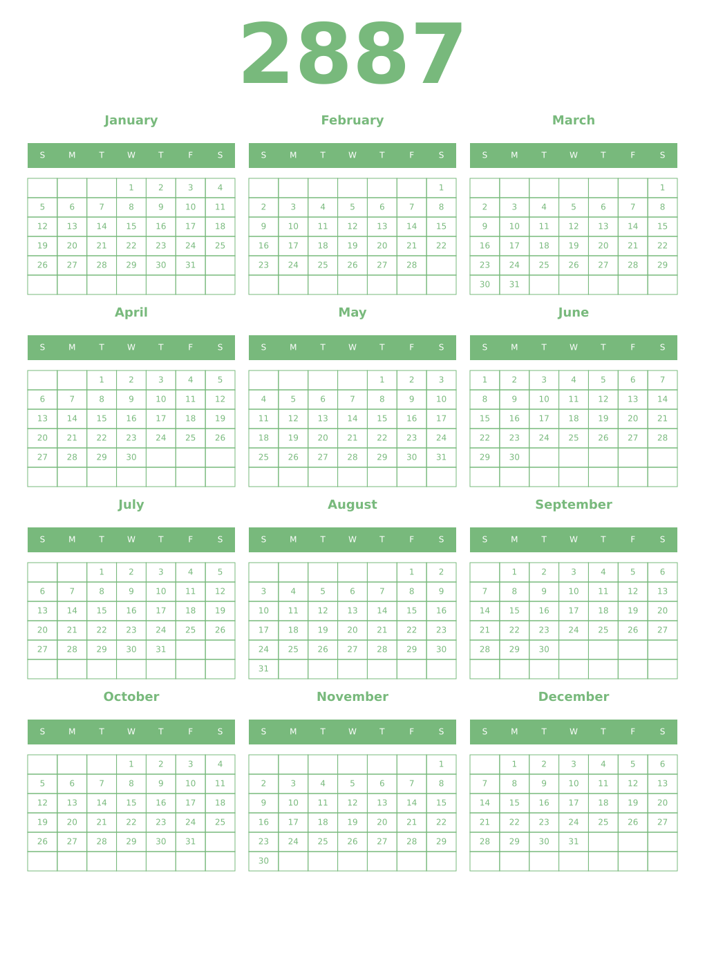 Printable 2887 Year Calendars celadon
