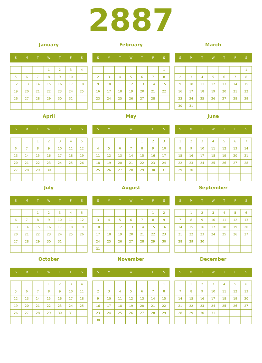 Printable 2887 Year Calendars chartreuse