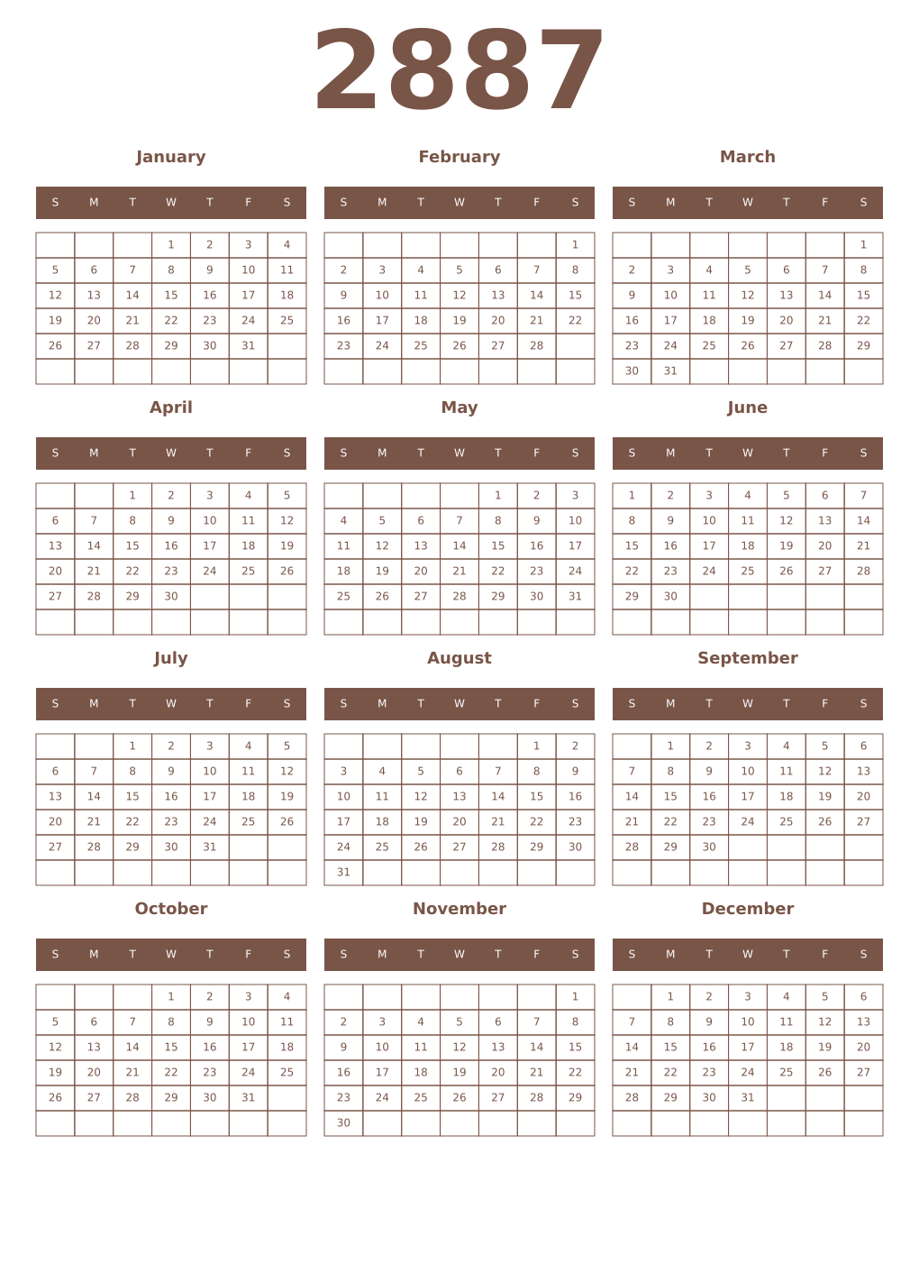 Printable 2887 Year Calendars coffe