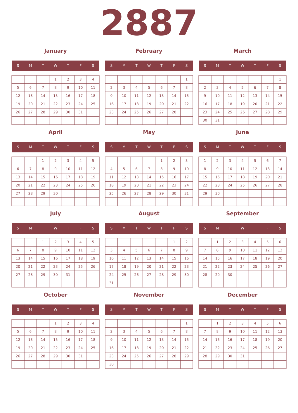 Printable 2887 Year Calendars cordovan